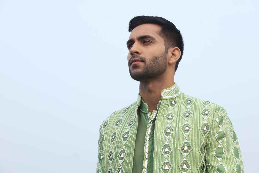 Green Mirror Work Fusion Wear for Mehendi
