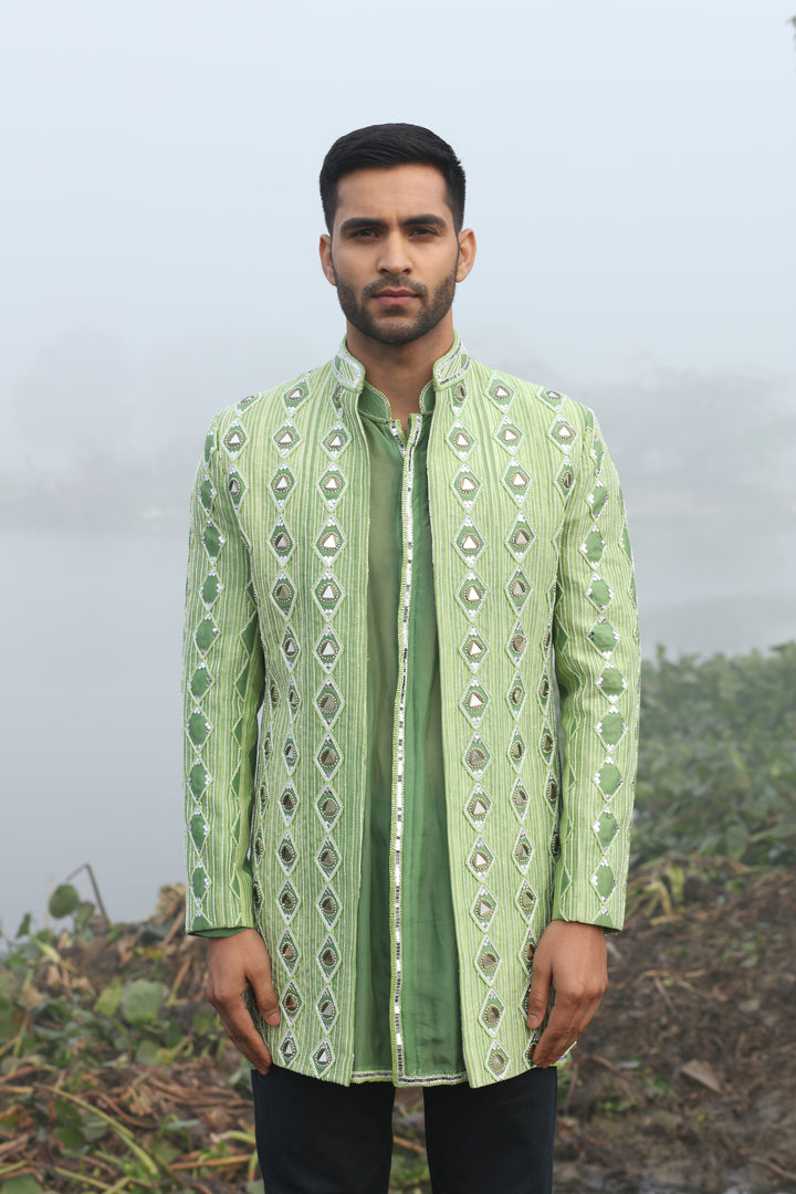 Green Mirror Work Fusion Wear for Mehendi