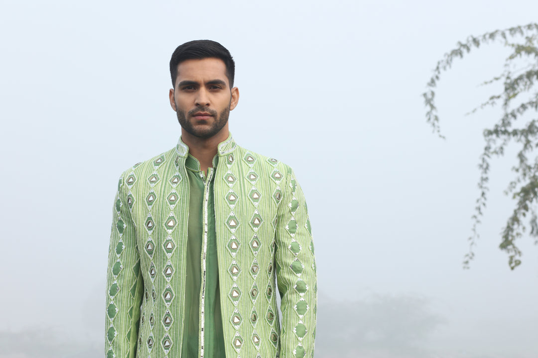 Green Mirror Work Fusion Wear for Mehendi