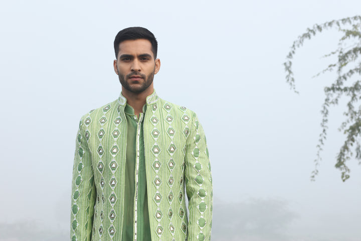 Green Mirror Work Fusion Wear for Mehendi