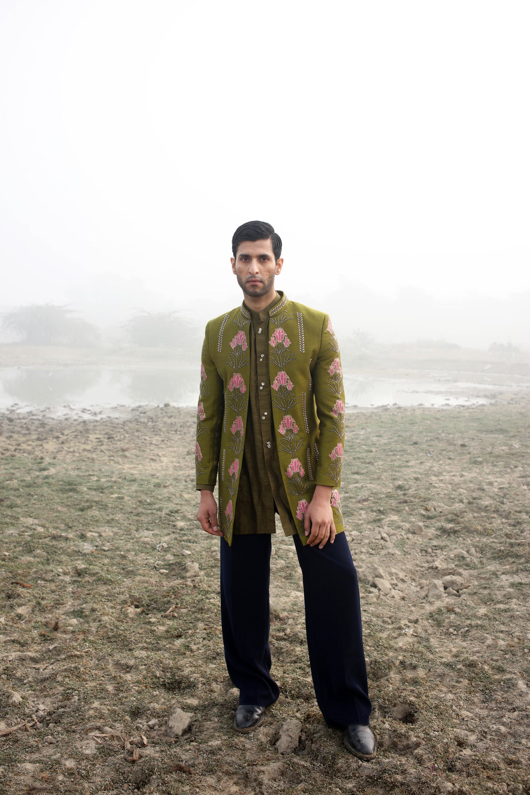 Green Front-Open Fusion Wear with Pink Contrast – 3-Piece for Mehendi