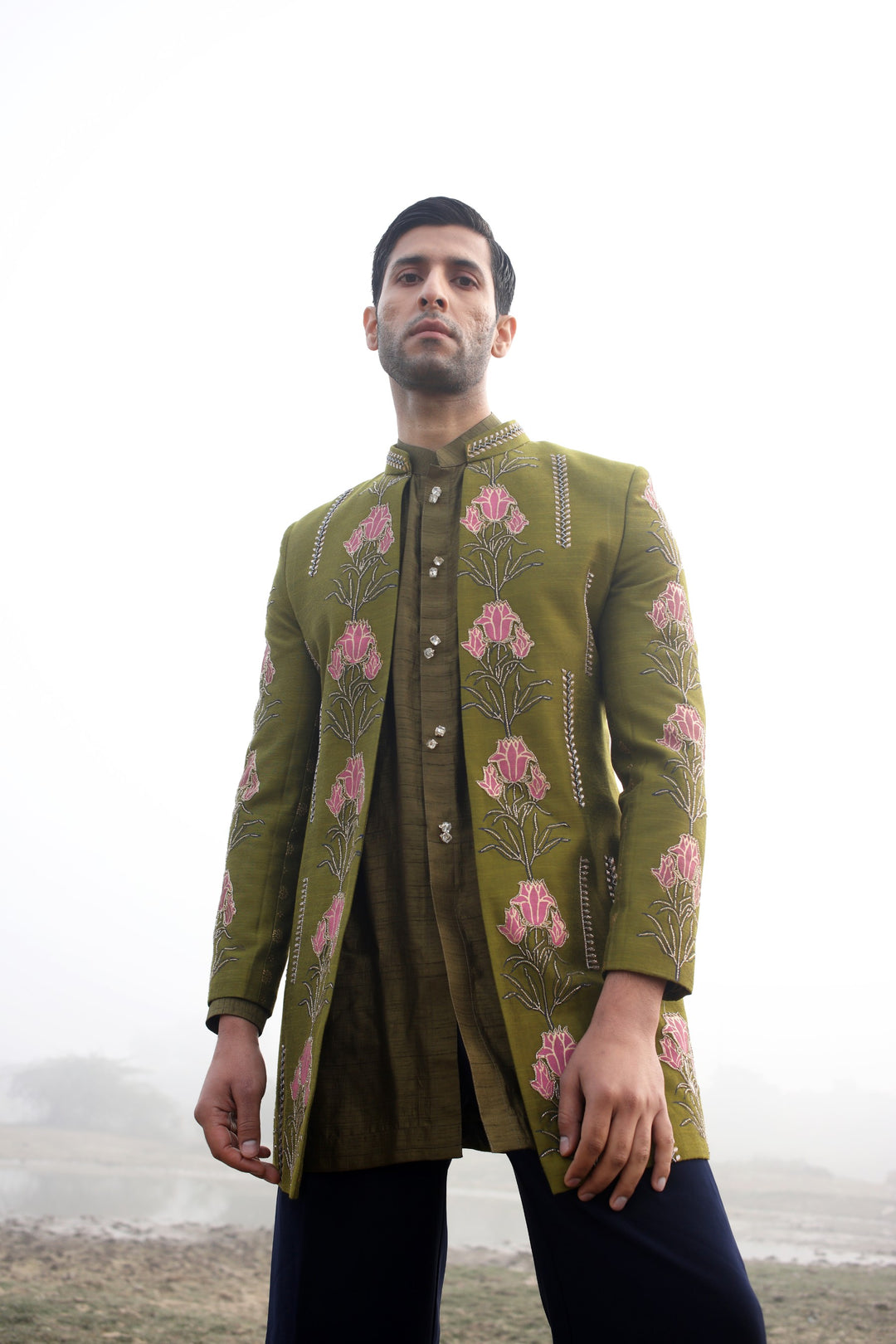 Green Front-Open Fusion Wear with Pink Contrast – 3-Piece for Mehendi