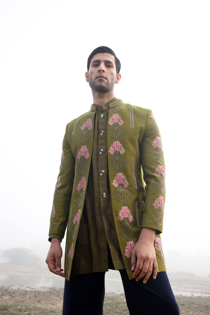 Green Front-Open Fusion Wear with Pink Contrast – 3-Piece for Mehendi