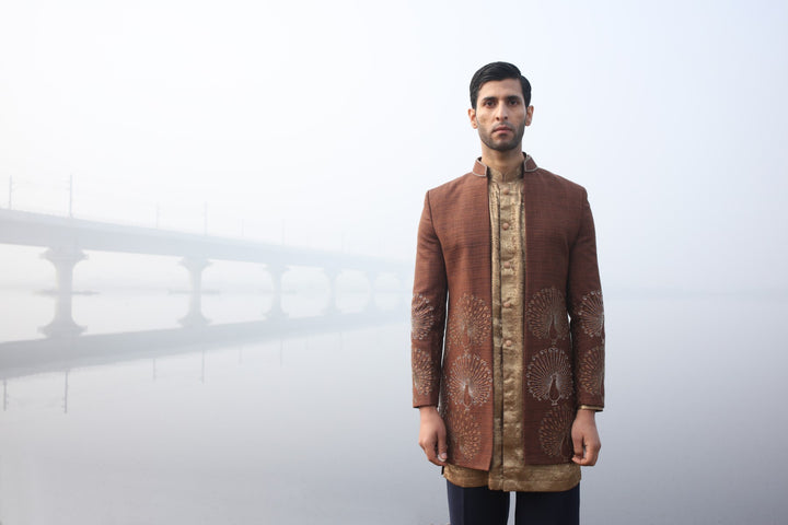 Brown & Gold Front-Open 3-Piece Ensemble