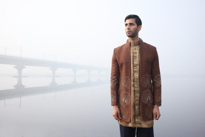 Brown & Gold Front-Open 3-Piece Ensemble