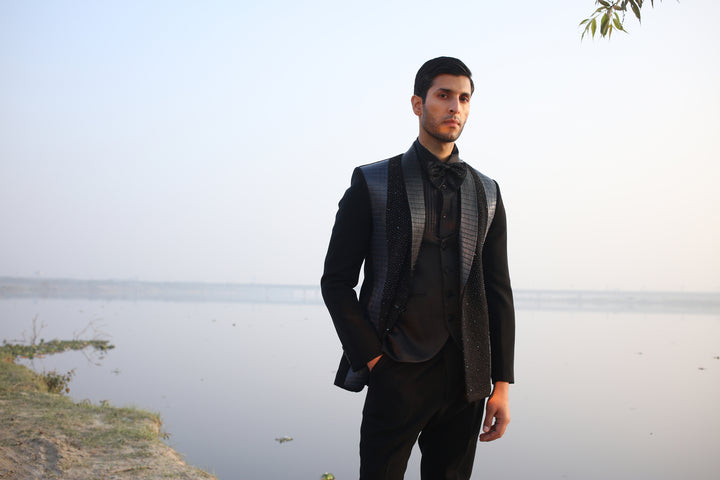 Black Tuxedo with Leather & Cutdana Work