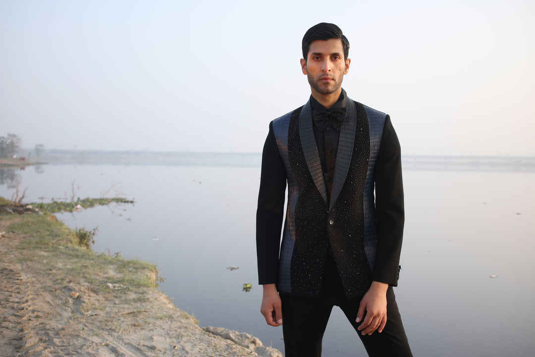 Black Tuxedo with Leather & Cutdana Work