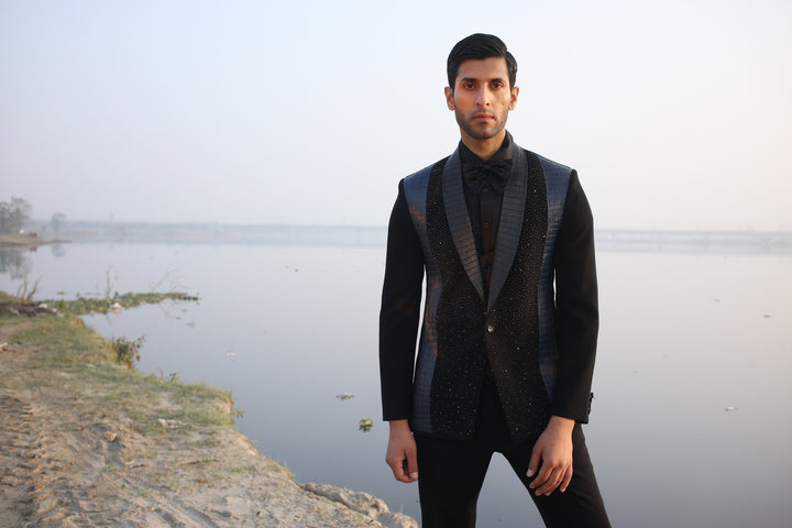 Black Tuxedo with Leather & Cutdana Work