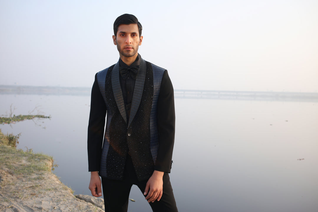 Black Tuxedo with Leather & Cutdana Work