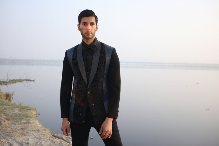 Black Tuxedo with Leather & Cutdana Work