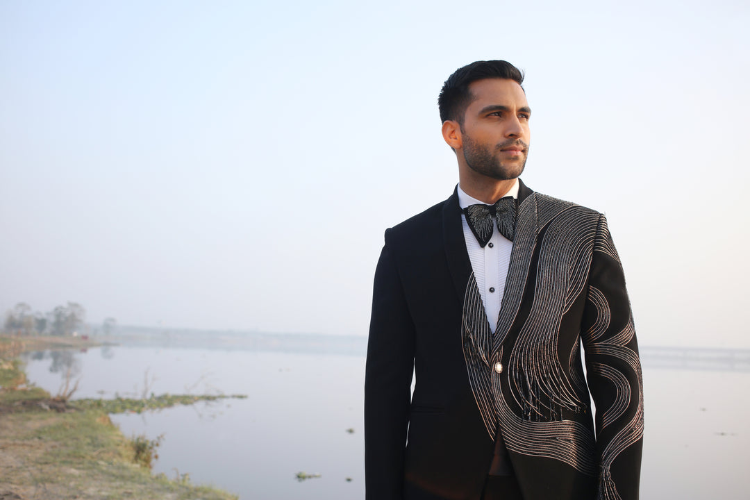 Black Tuxedo with One-Sided Leather Open-End Work