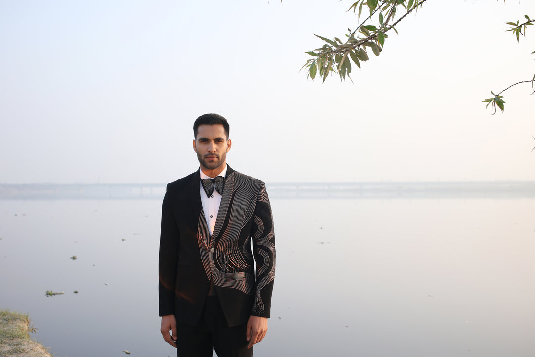 Black Tuxedo with One-Sided Leather Open-End Work