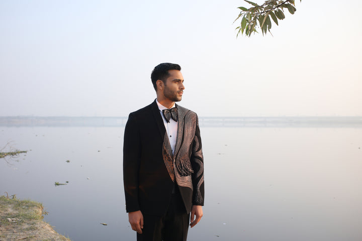 Black Tuxedo with One-Sided Leather Open-End Work