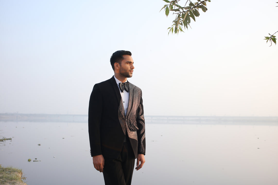 Black Tuxedo with One-Sided Leather Open-End Work