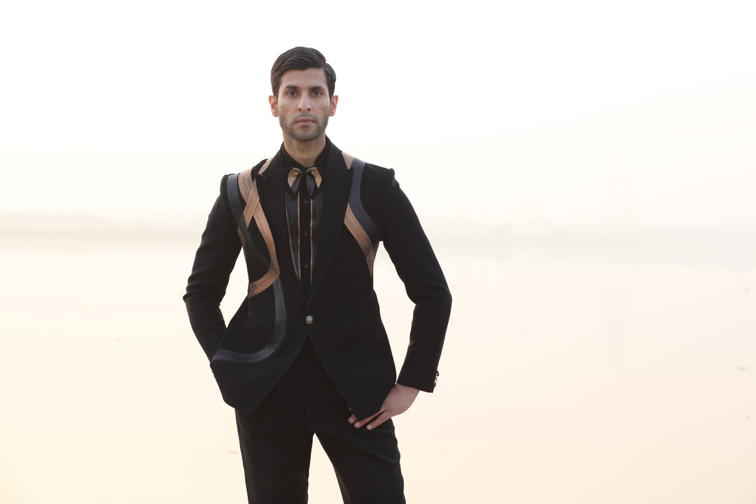 Double-Color Leather Tuxedo with Coordinated Shirt & Bow