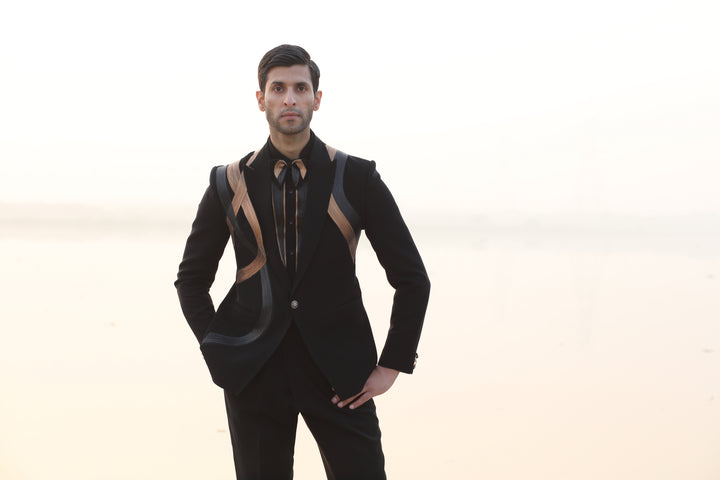 Double-Color Leather Tuxedo with Coordinated Shirt & Bow
