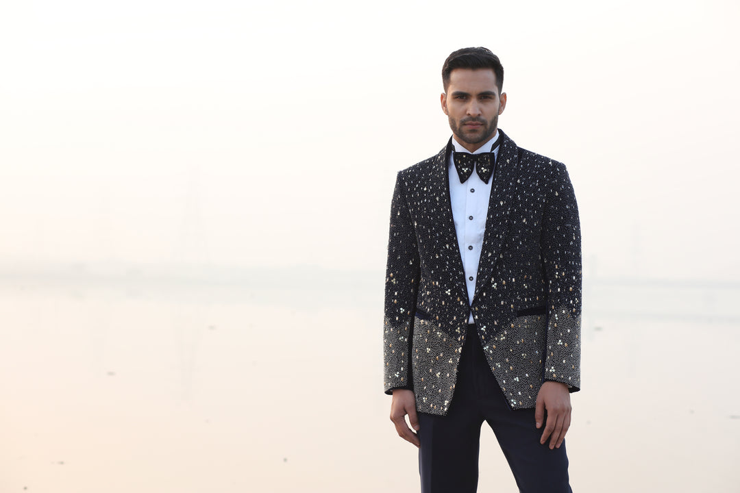 Navy Blue Velvet Tux with Rose Gold Work