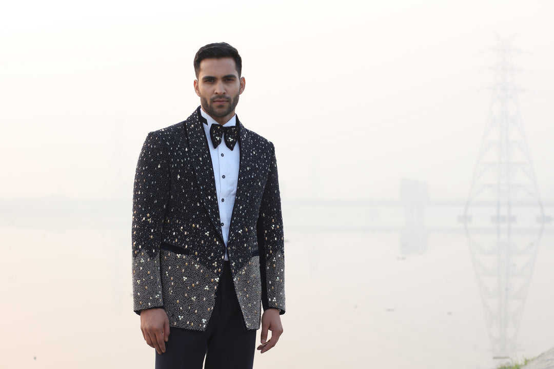 Navy Blue Velvet Tux with Rose Gold Work