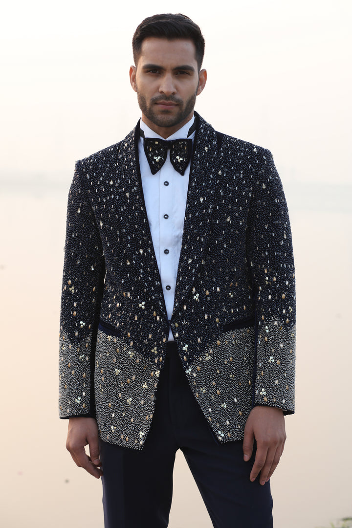 Navy Blue Velvet Tux with Rose Gold Work