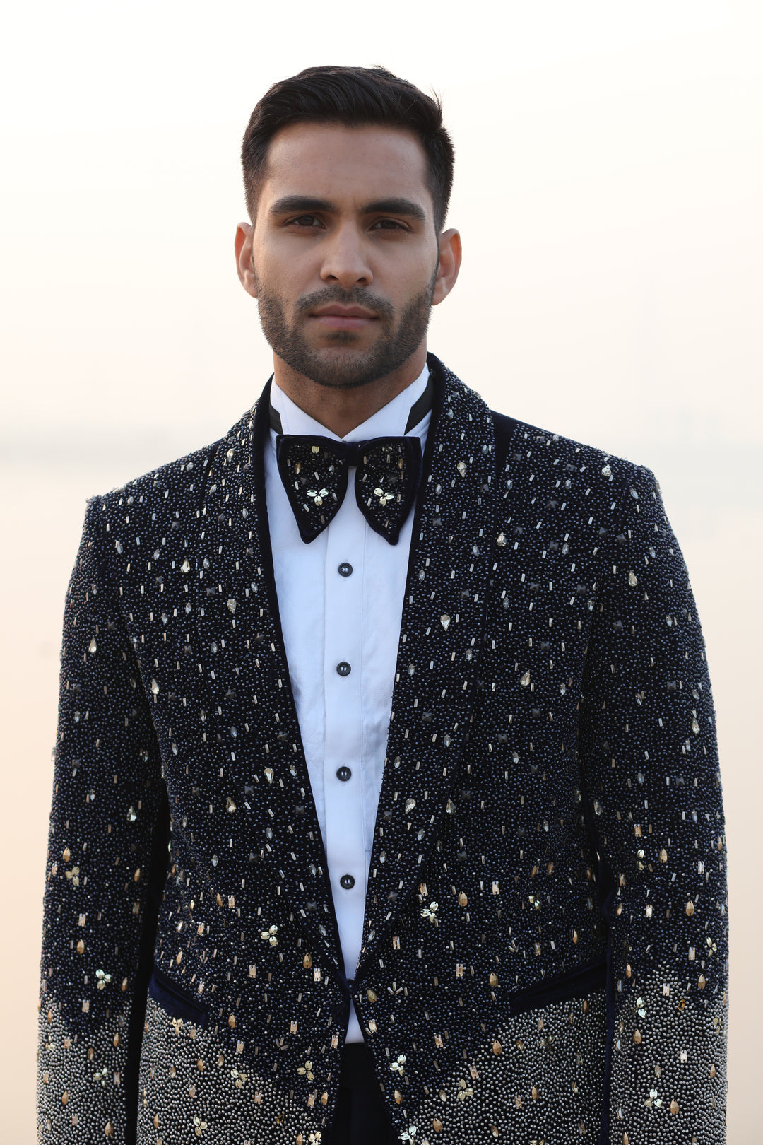 Navy Blue Velvet Tux with Rose Gold Work