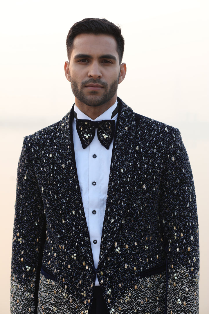 Navy Blue Velvet Tux with Rose Gold Work