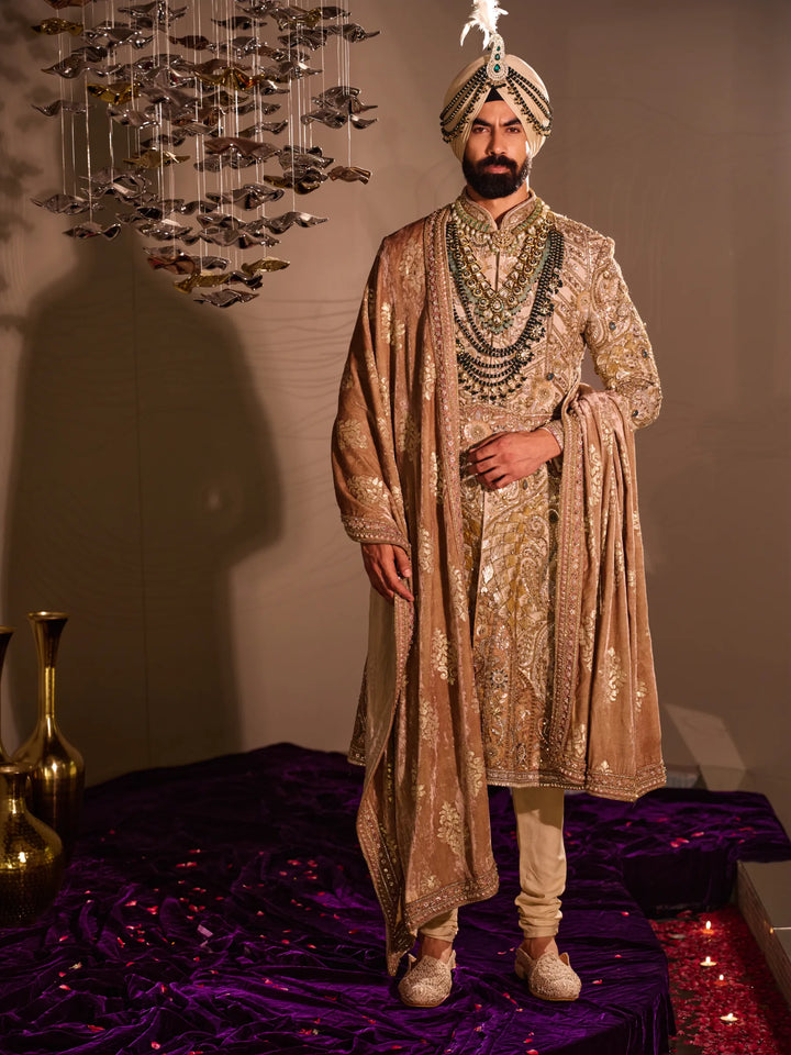 CHAMPGNE GOLD SHERWANI WITH HAND EMBELLISHMENT