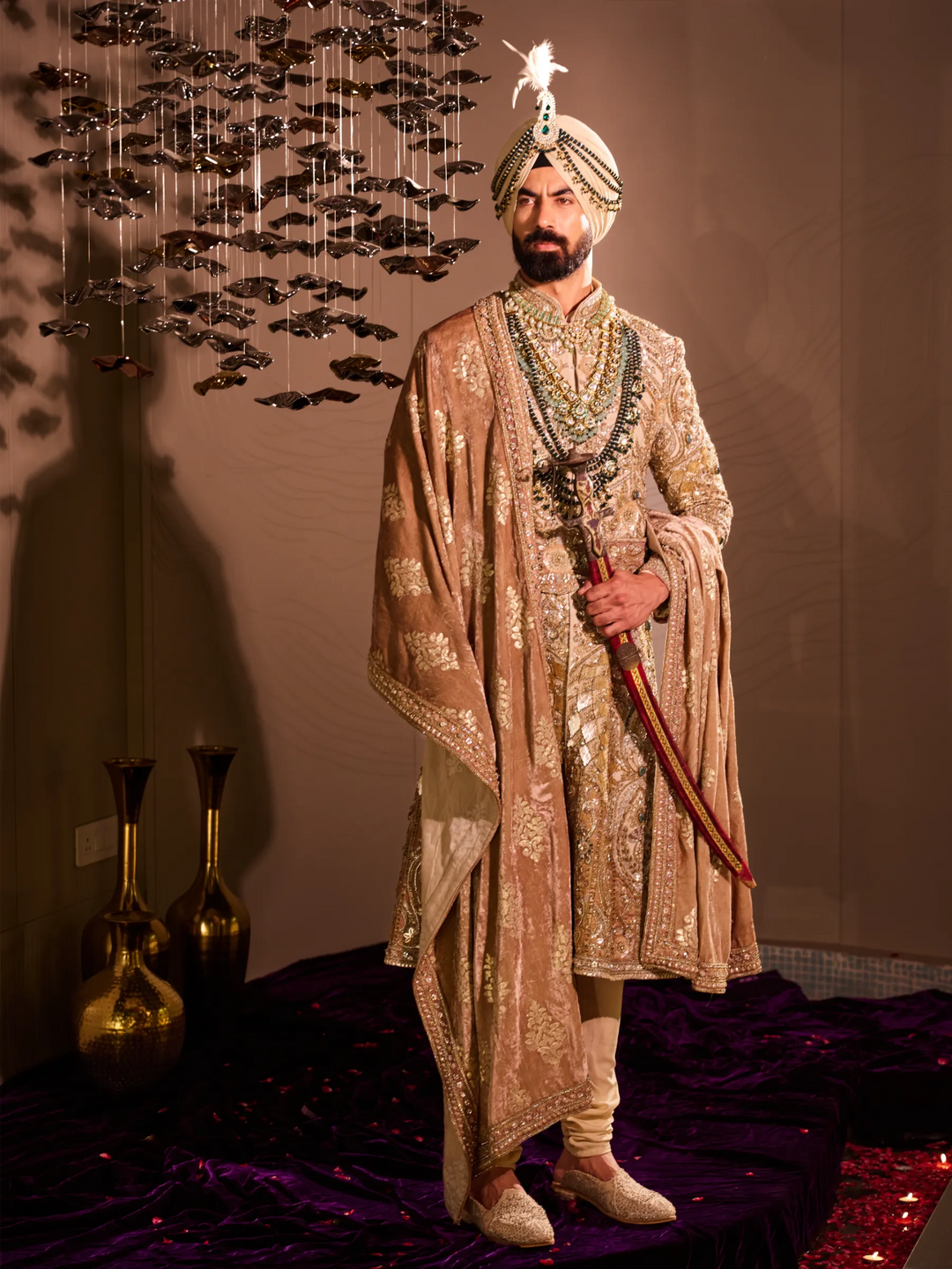 CHAMPGNE GOLD SHERWANI WITH HAND EMBELLISHMENT
