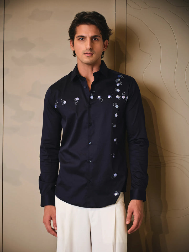 COTTON BLENDED NAVY BLUE SHIRT