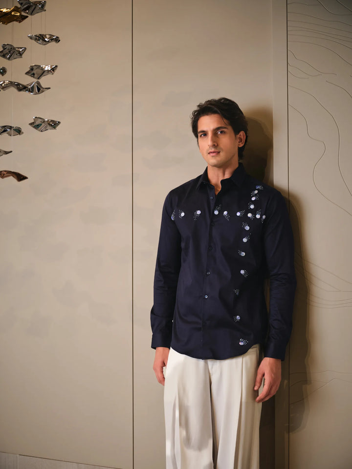 COTTON BLENDED NAVY BLUE SHIRT