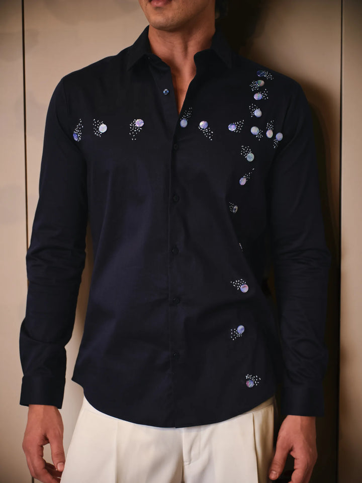 COTTON BLENDED NAVY BLUE SHIRT