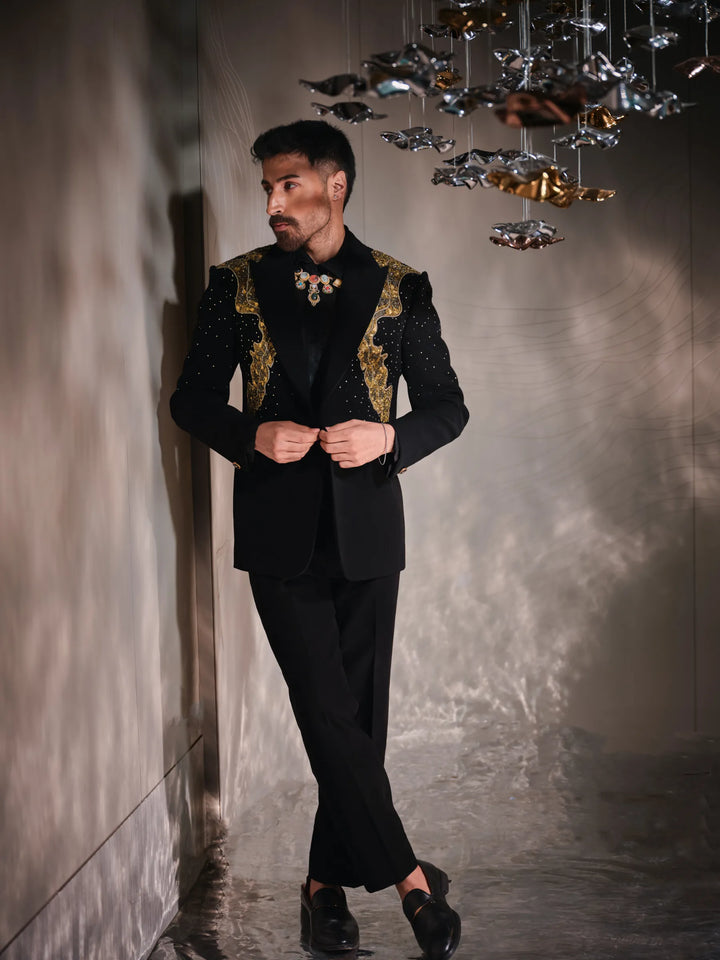 BLACK TUXEDO WITH REGAL GOLD EMBROIDERY