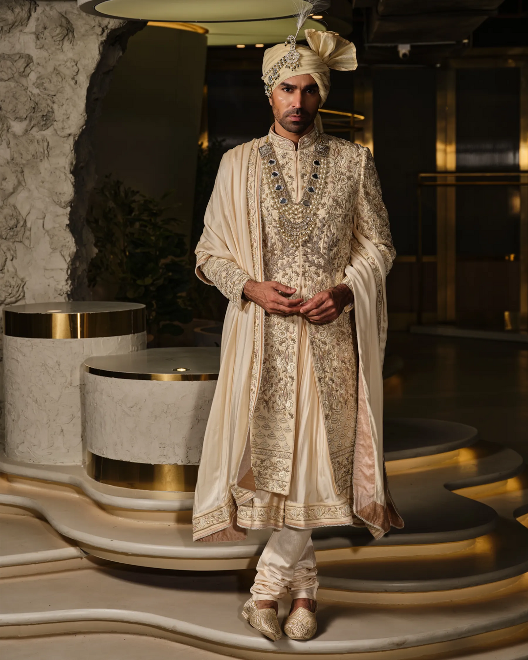 IVORY SHERWANI WITH FLORAL MOTIFS