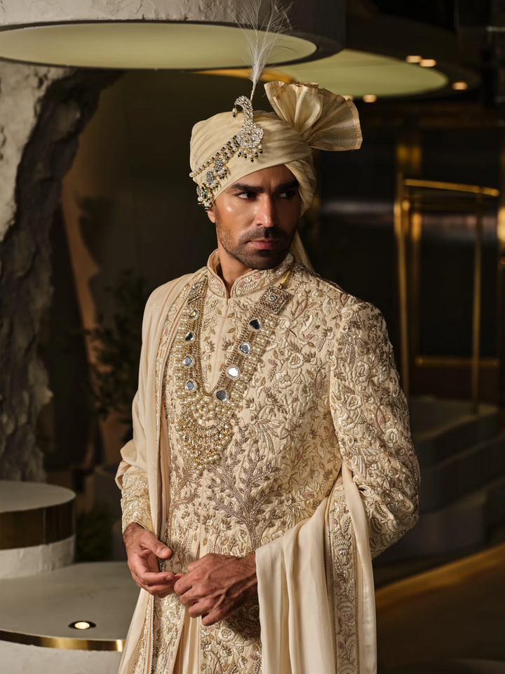 IVORY SHERWANI WITH FLORAL MOTIFS