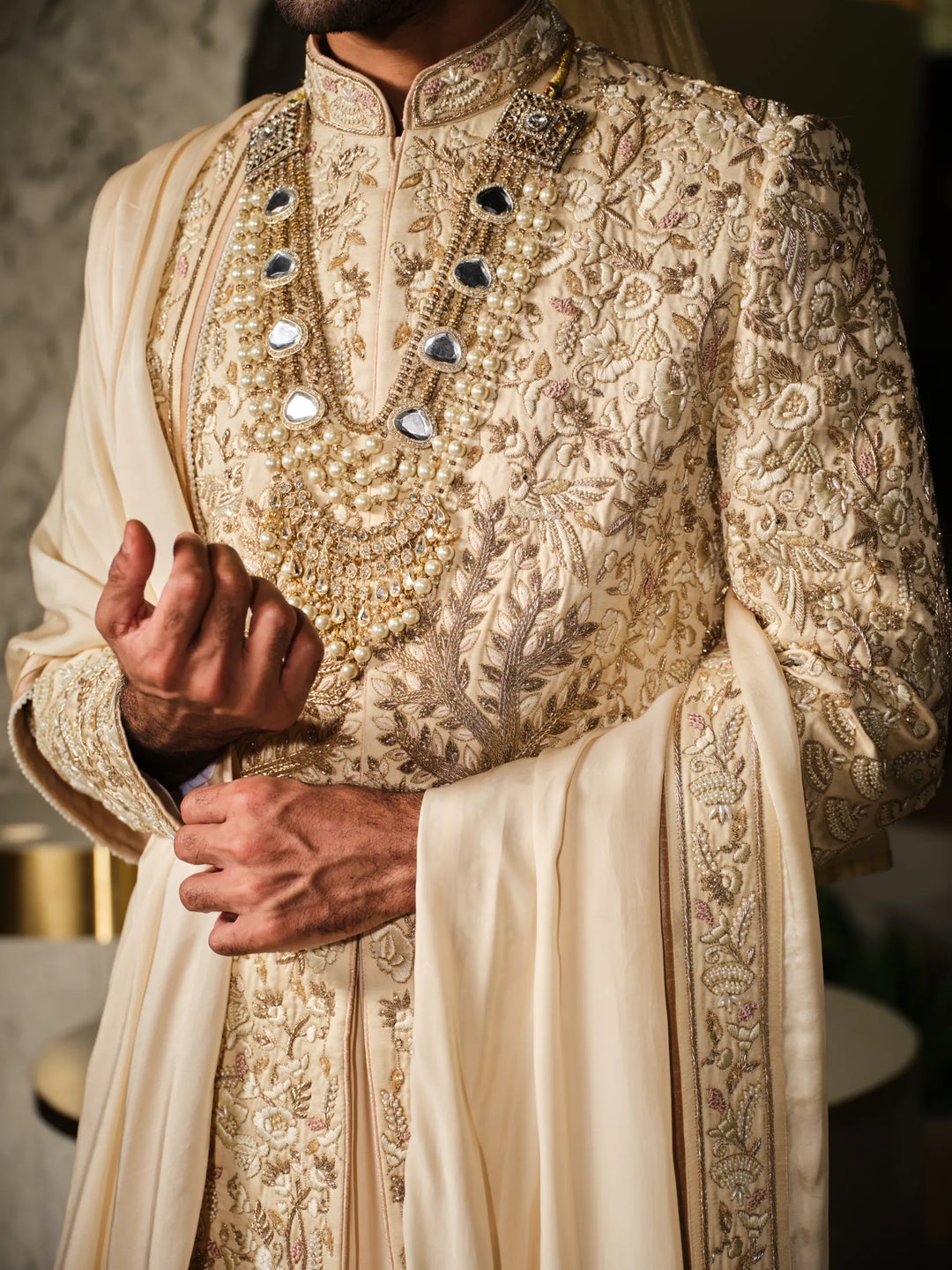 IVORY SHERWANI WITH FLORAL MOTIFS