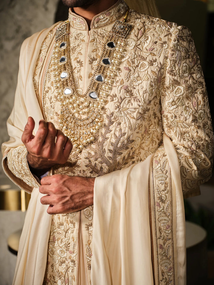 IVORY SHERWANI WITH FLORAL MOTIFS