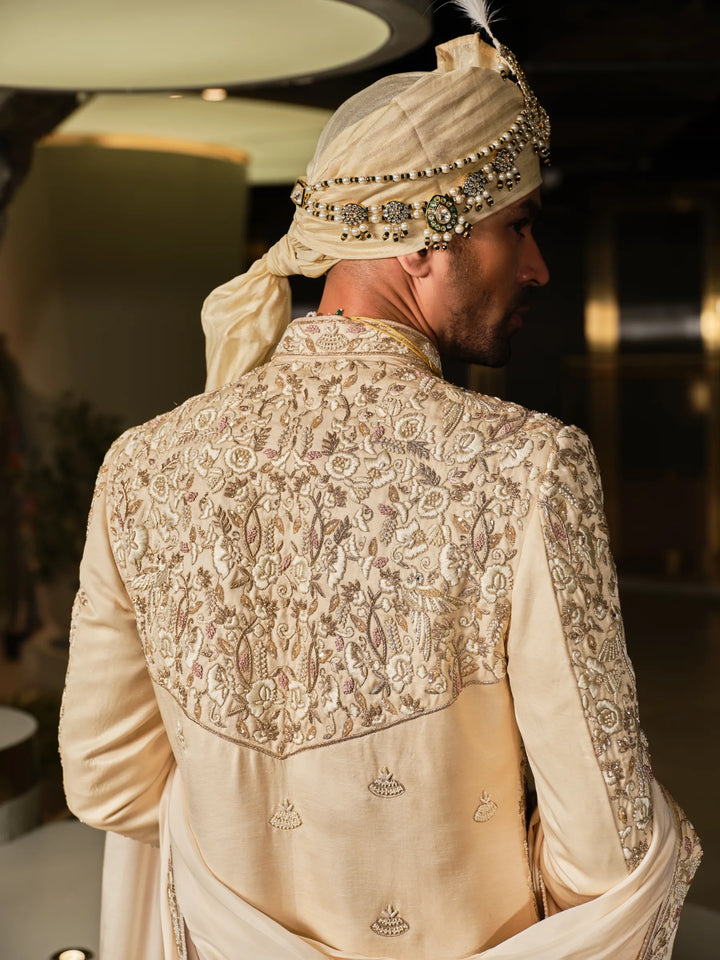 IVORY SHERWANI WITH FLORAL MOTIFS