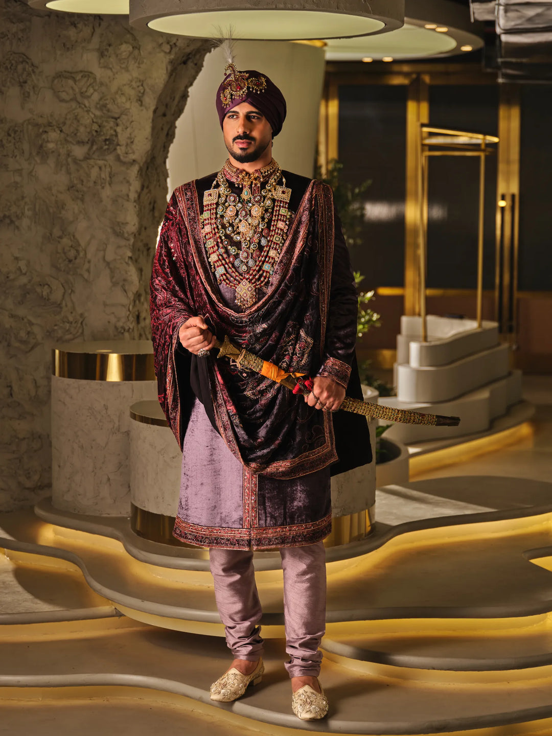 WINE SHERWANI SET WITH DIGITAL PRINT STOLE WITH HAND WORK