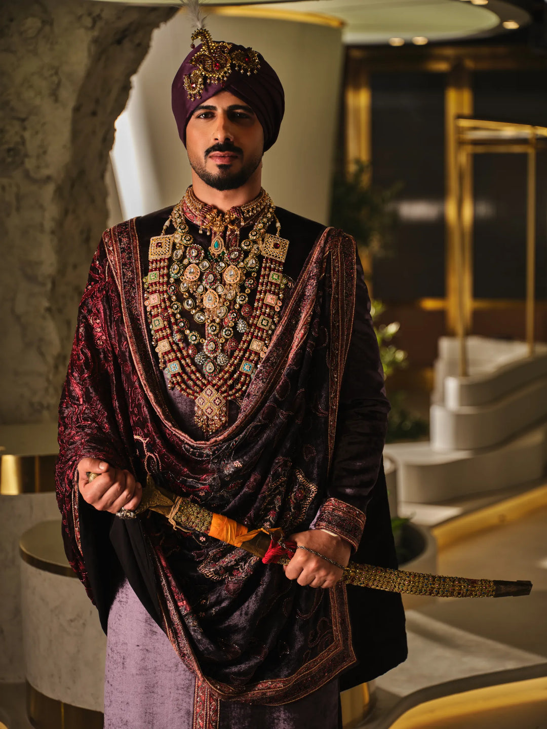 WINE SHERWANI SET WITH DIGITAL PRINT STOLE WITH HAND WORK