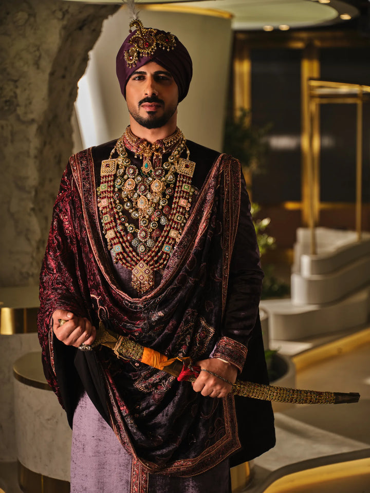 WINE SHERWANI SET WITH DIGITAL PRINT STOLE WITH HAND WORK