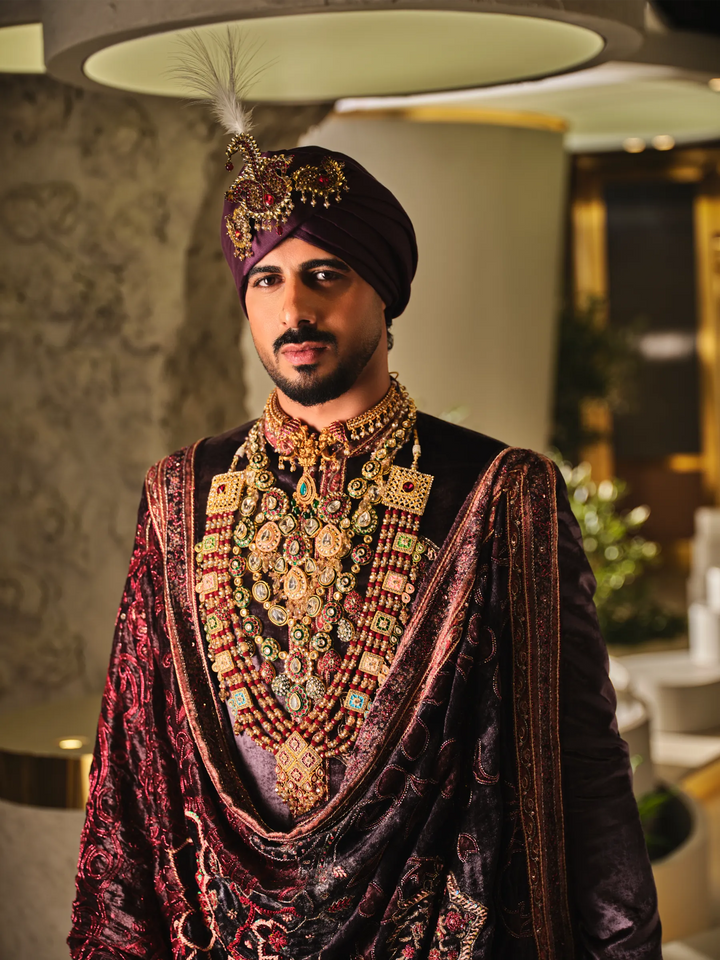 WINE SHERWANI SET WITH DIGITAL PRINT STOLE WITH HAND WORK