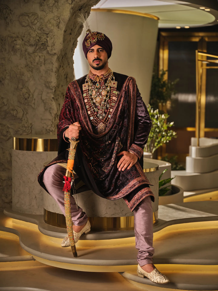 WINE SHERWANI SET WITH DIGITAL PRINT STOLE WITH HAND WORK