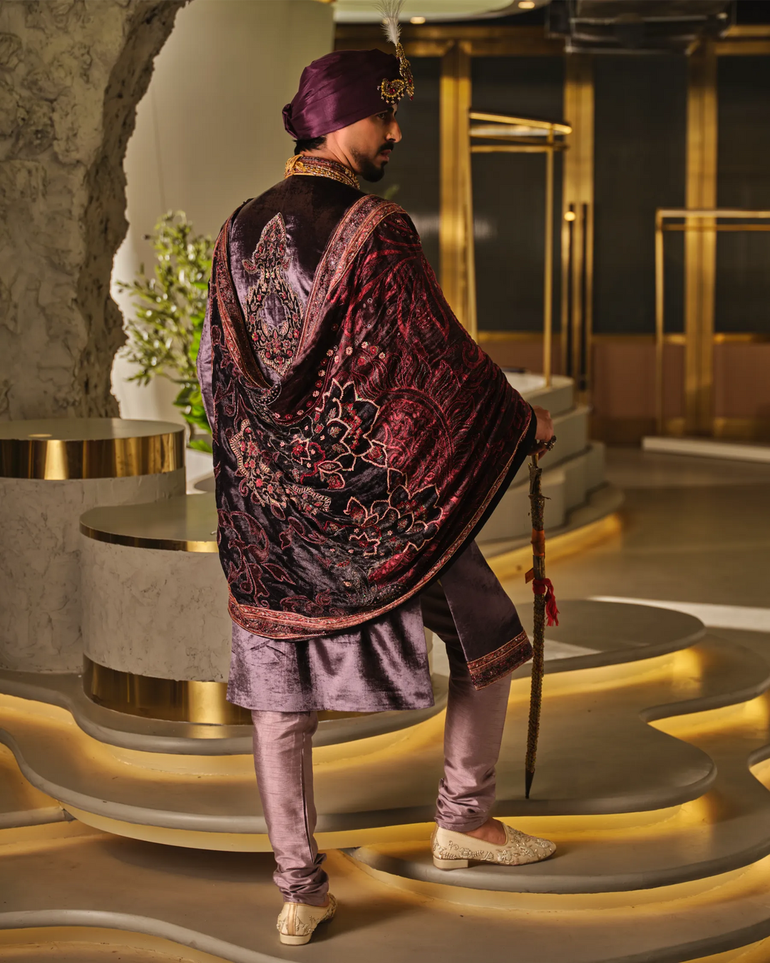 WINE SHERWANI SET WITH DIGITAL PRINT STOLE WITH HAND WORK
