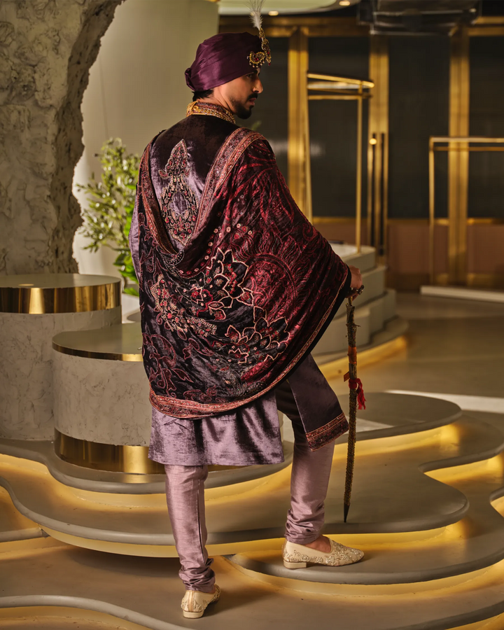 WINE SHERWANI SET WITH DIGITAL PRINT STOLE WITH HAND WORK