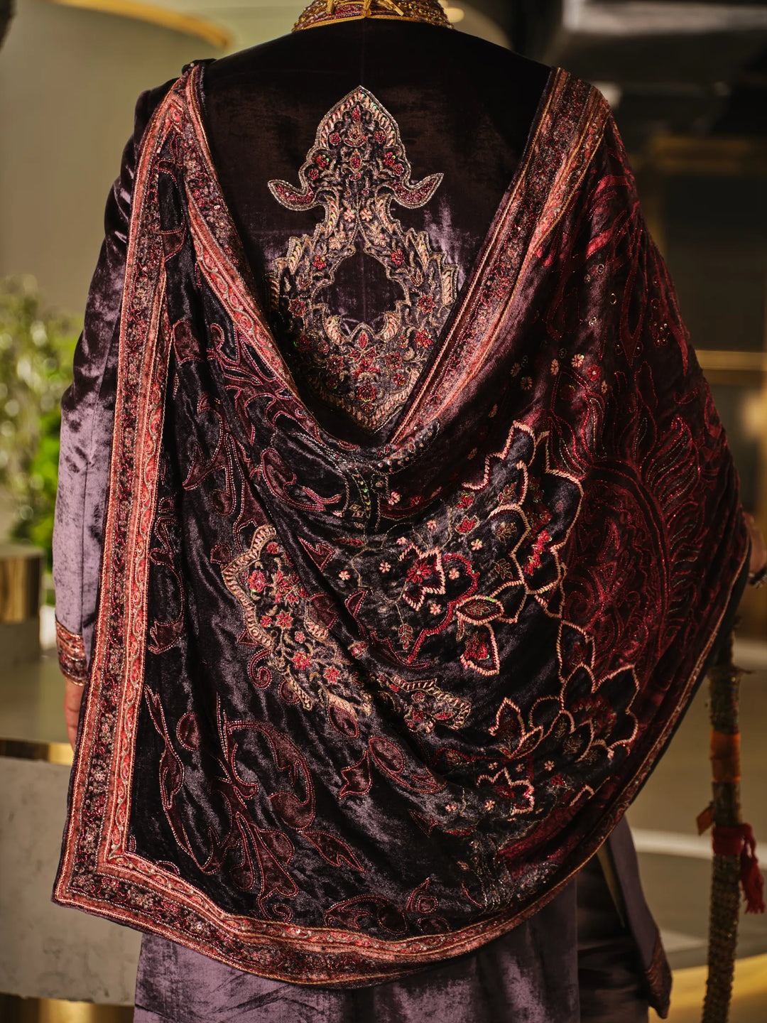 WINE SHERWANI SET WITH DIGITAL PRINT STOLE WITH HAND WORK