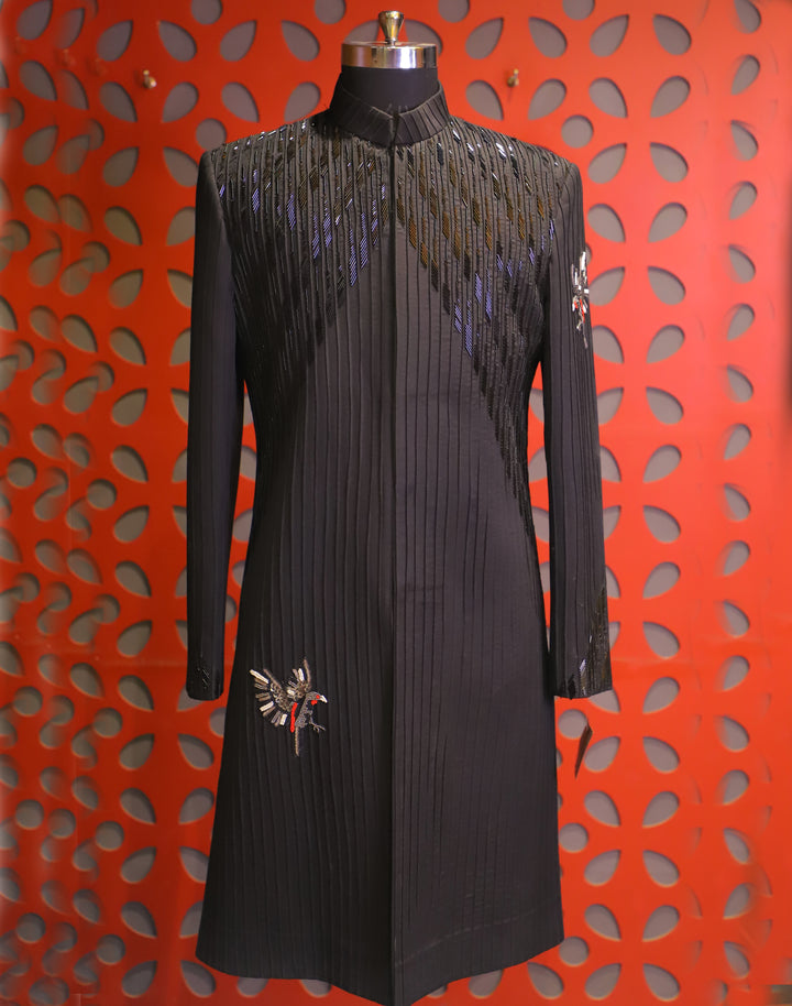 FLIGHT: The Black Achkan Indo-Western with Bird Motifs