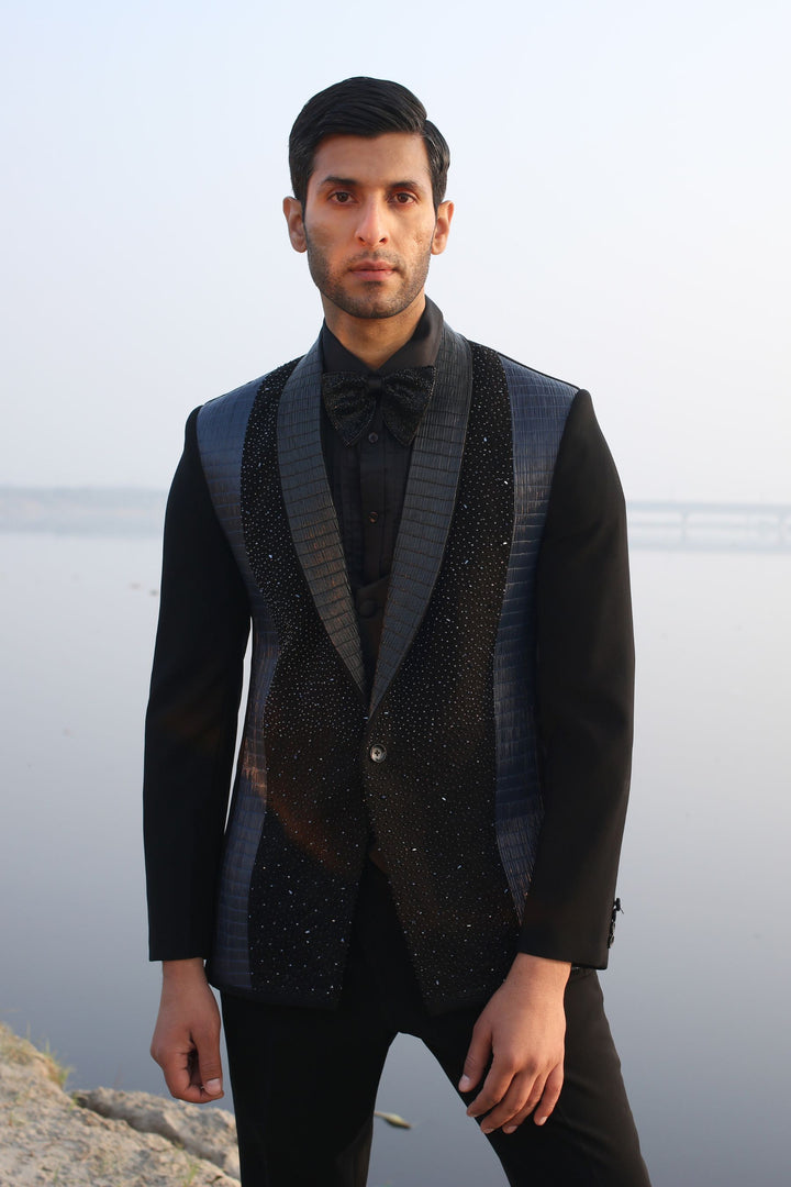 Black Tuxedo with Leather & Cutdana Work