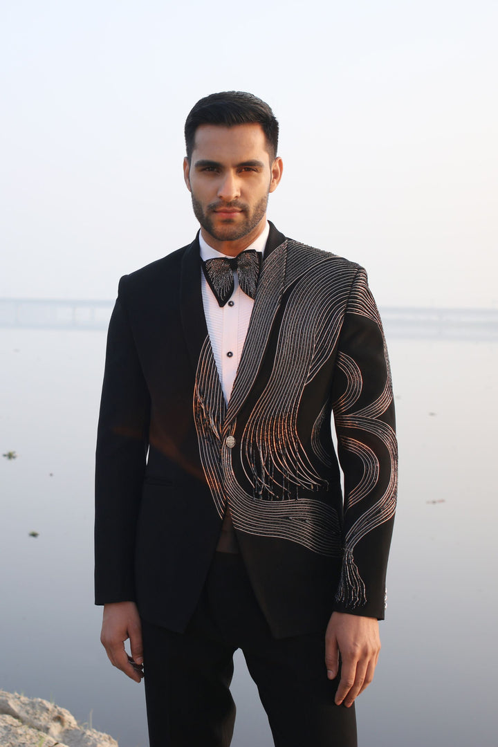 Black Tuxedo with One-Sided Leather Open-End Work